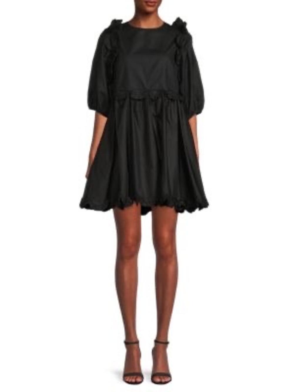 En Saison Black Ruffled Puff-Sleeve Midi Dress